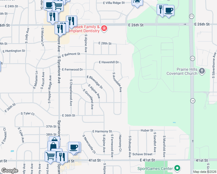 map of restaurants, bars, coffee shops, grocery stores, and more near 5108 East Blueridge Drive in Sioux Falls