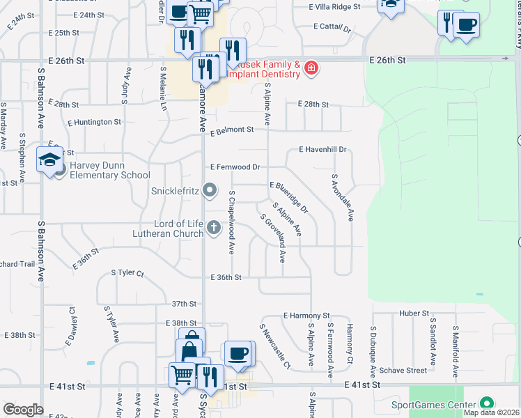 map of restaurants, bars, coffee shops, grocery stores, and more near 2508 South Groveland Avenue in Sioux Falls