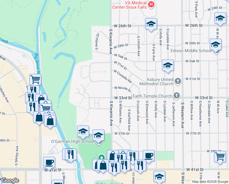 map of restaurants, bars, coffee shops, grocery stores, and more near 2507 South Lockwood Place in Sioux Falls