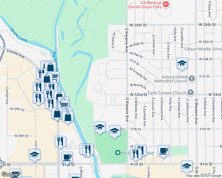 map of restaurants, bars, coffee shops, grocery stores, and more near 2904 West 33rd Street in Sioux Falls