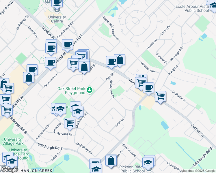 map of restaurants, bars, coffee shops, grocery stores, and more near 11 Yewholme Drive in Guelph