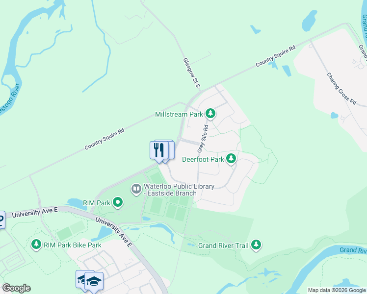 map of restaurants, bars, coffee shops, grocery stores, and more near 271 Grey Silo Road in Waterloo