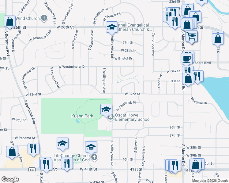 map of restaurants, bars, coffee shops, grocery stores, and more near 6001-6099 West 32nd Street in Sioux Falls