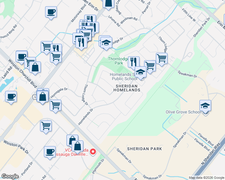 map of restaurants, bars, coffee shops, grocery stores, and more near 2441 Winthrop Crescent in Mississauga