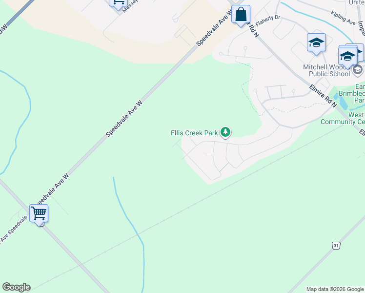 map of restaurants, bars, coffee shops, grocery stores, and more near 107 Westra Drive in Guelph