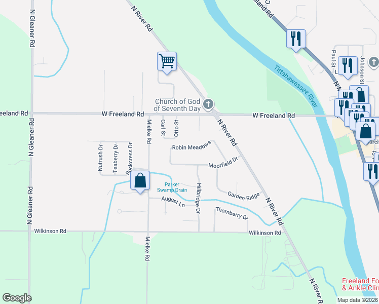 map of restaurants, bars, coffee shops, grocery stores, and more near 11326 Moorfield Drive in Freeland