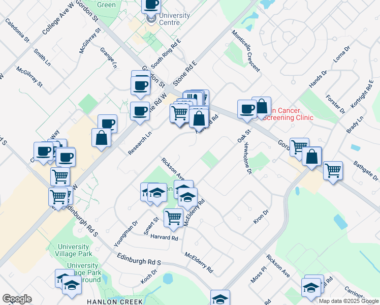 map of restaurants, bars, coffee shops, grocery stores, and more near 16 Harrow Court in Guelph