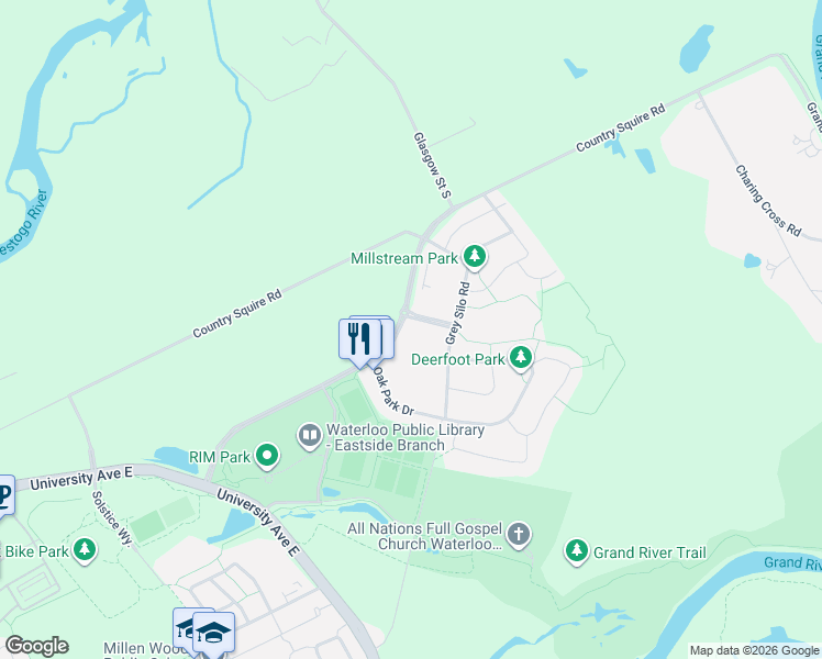 map of restaurants, bars, coffee shops, grocery stores, and more near 271 Grey Silo Road in Waterloo