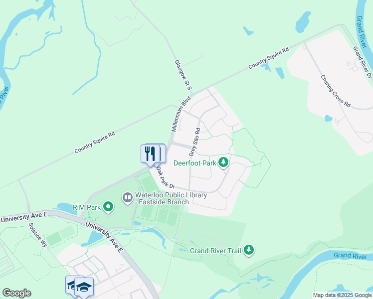 map of restaurants, bars, coffee shops, grocery stores, and more near 271 Grey Silo Road in Waterloo