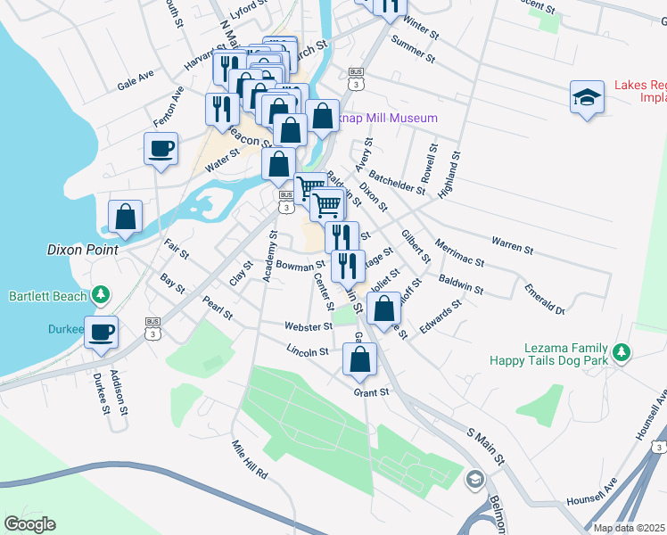 map of restaurants, bars, coffee shops, grocery stores, and more near 8 Center Street in Laconia