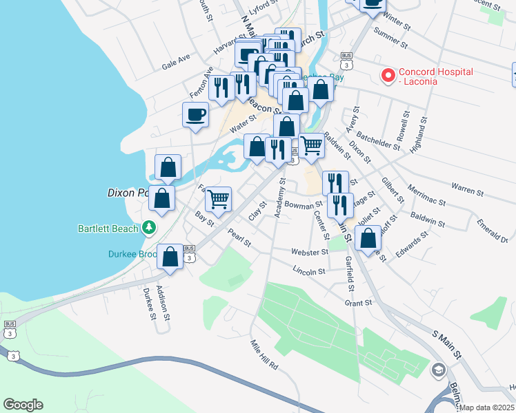 map of restaurants, bars, coffee shops, grocery stores, and more near 21 Clay Street in Laconia