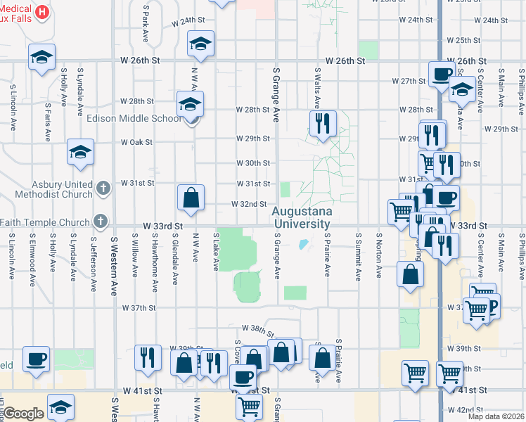 map of restaurants, bars, coffee shops, grocery stores, and more near 2409 South Euclid Avenue in Sioux Falls