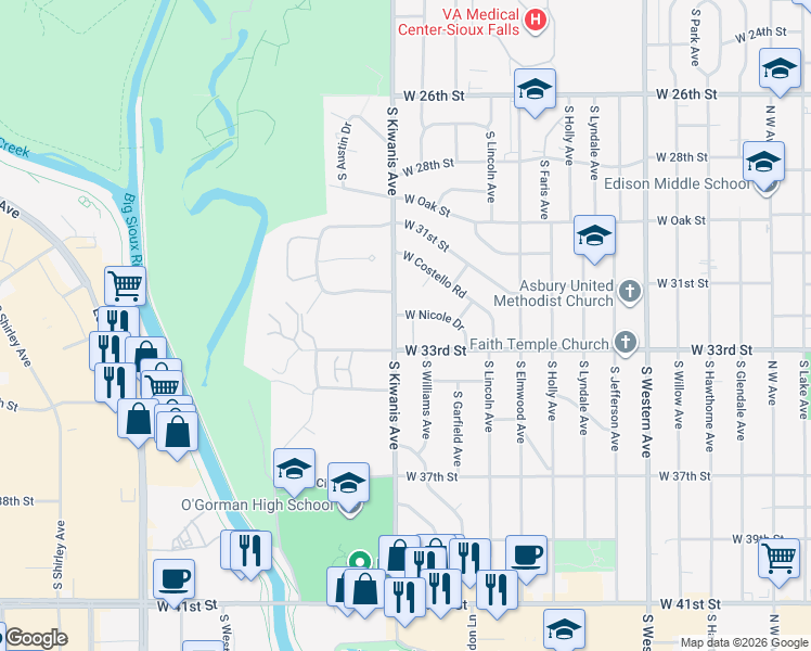 map of restaurants, bars, coffee shops, grocery stores, and more near 2507 South Lockwood Place in Sioux Falls