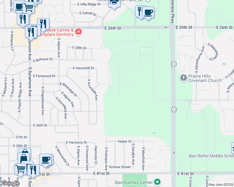 map of restaurants, bars, coffee shops, grocery stores, and more near 2516 South Avondale Avenue in Sioux Falls