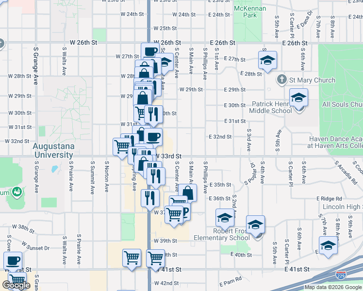 map of restaurants, bars, coffee shops, grocery stores, and more near 2429 South Center Avenue in Sioux Falls