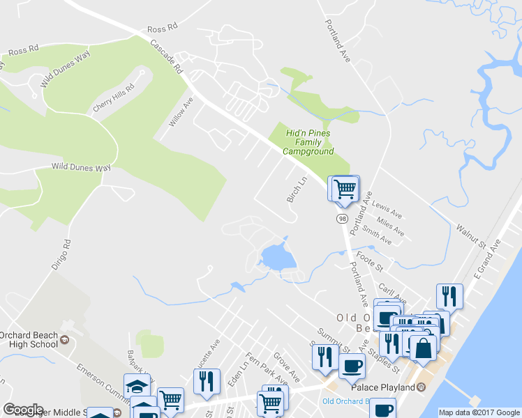 map of restaurants, bars, coffee shops, grocery stores, and more near 23 Birch Lane in Old Orchard Beach