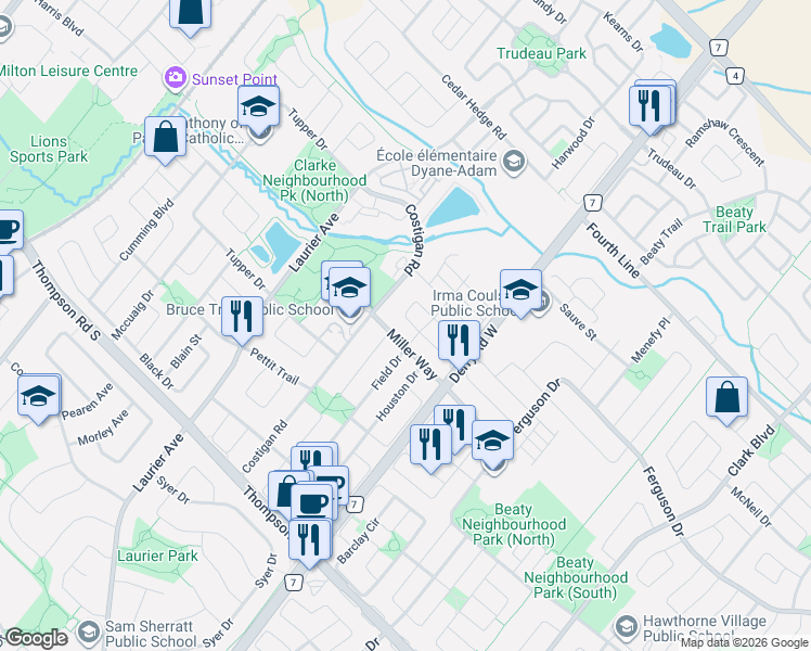 map of restaurants, bars, coffee shops, grocery stores, and more near 556 Sanderson Crescent in Milton