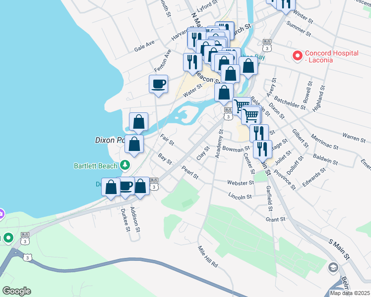 map of restaurants, bars, coffee shops, grocery stores, and more near 193 Court Street in Laconia