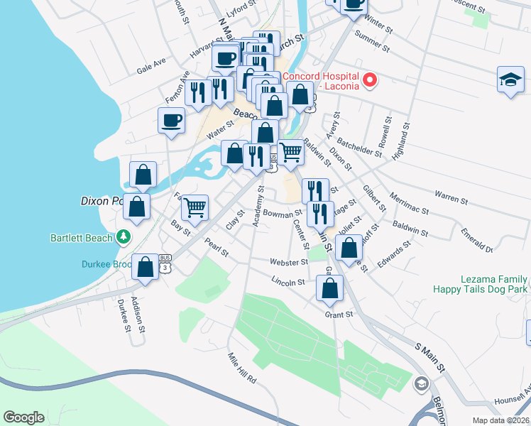 map of restaurants, bars, coffee shops, grocery stores, and more near 45 Bowman Street in Laconia