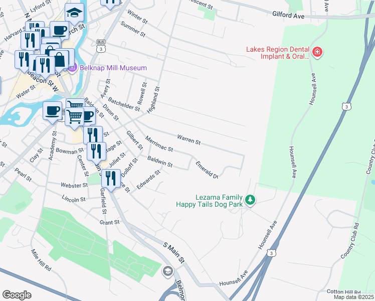 map of restaurants, bars, coffee shops, grocery stores, and more near 123 Merrimac Street in Laconia