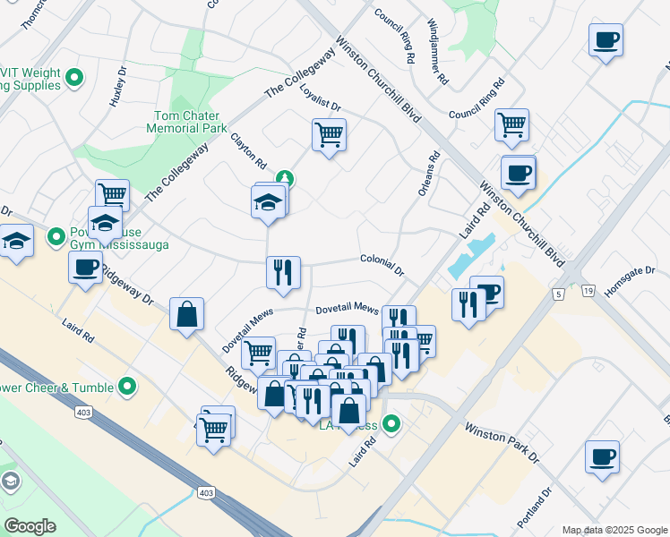 map of restaurants, bars, coffee shops, grocery stores, and more near 3256 Colonial Drive in Mississauga