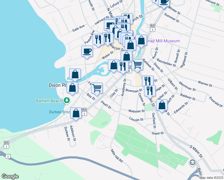 map of restaurants, bars, coffee shops, grocery stores, and more near 21 Clay Street in Laconia