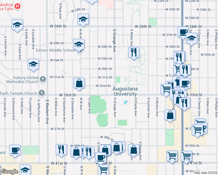 map of restaurants, bars, coffee shops, grocery stores, and more near 2409 South Euclid Avenue in Sioux Falls