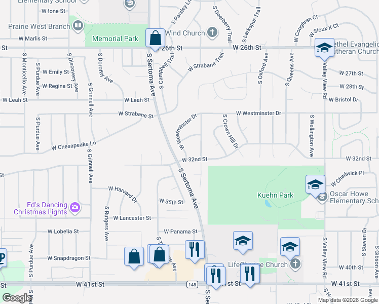 map of restaurants, bars, coffee shops, grocery stores, and more near 7000 West 32nd Street in Sioux Falls