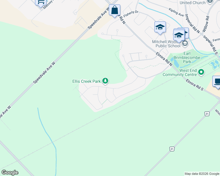 map of restaurants, bars, coffee shops, grocery stores, and more near Westra Drive in Guelph