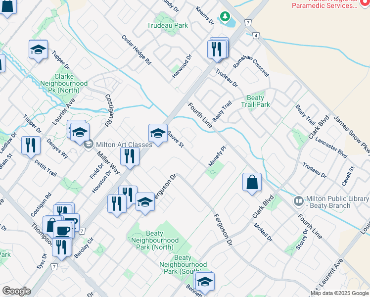 map of restaurants, bars, coffee shops, grocery stores, and more near Sauve Street in Milton
