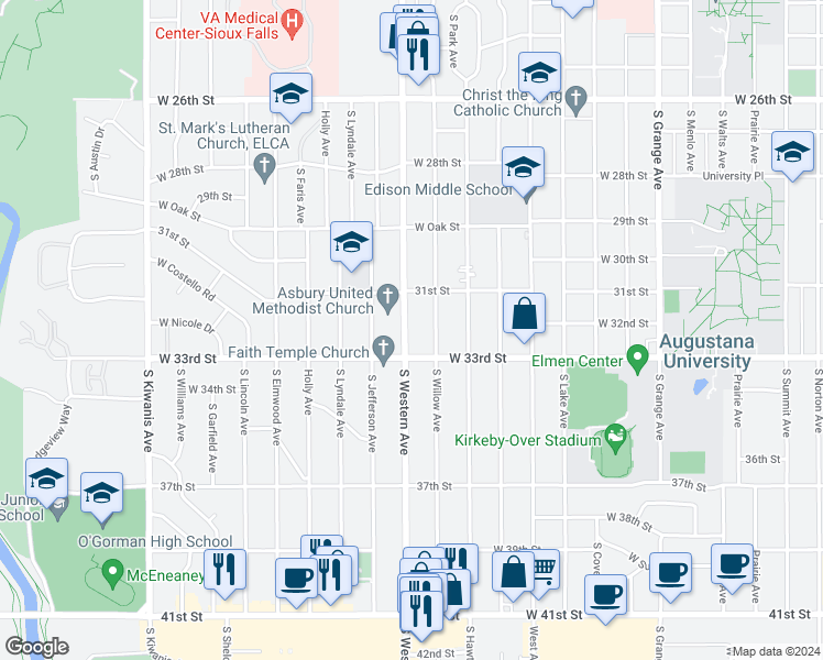 map of restaurants, bars, coffee shops, grocery stores, and more near 2504 South Western Avenue in Sioux Falls