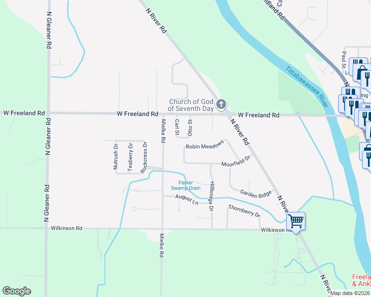 map of restaurants, bars, coffee shops, grocery stores, and more near 7826 Sedgewick Drive in Freeland
