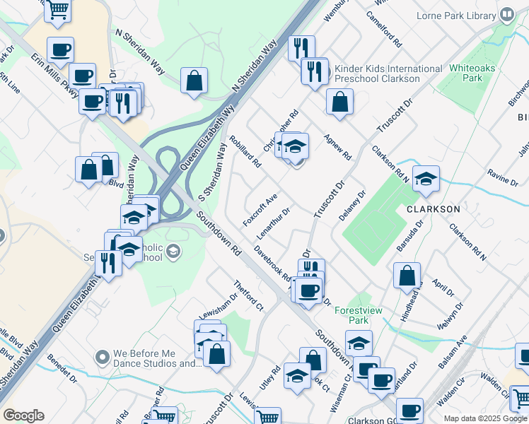 map of restaurants, bars, coffee shops, grocery stores, and more near 1964 Foxcroft Avenue in Mississauga