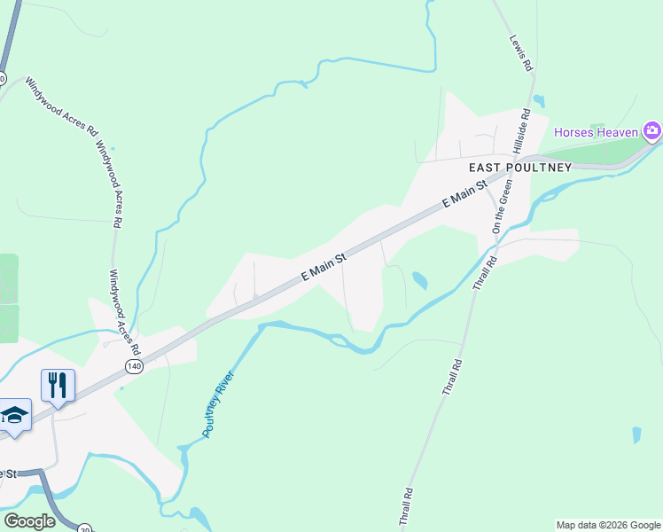 map of restaurants, bars, coffee shops, grocery stores, and more near 1062 East Main Street in Poultney