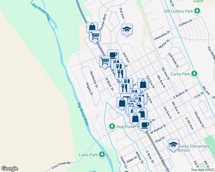map of restaurants, bars, coffee shops, grocery stores, and more near 415 North River Street in Hailey
