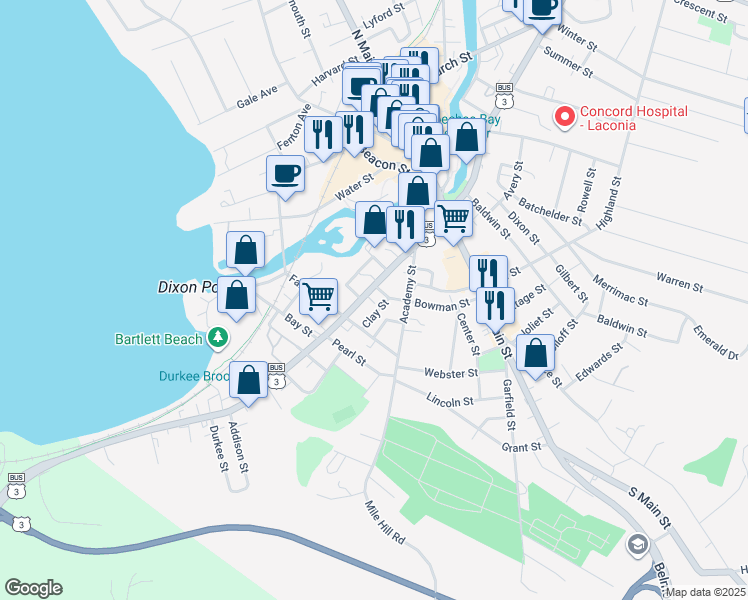 map of restaurants, bars, coffee shops, grocery stores, and more near 21 Clay Street in Laconia