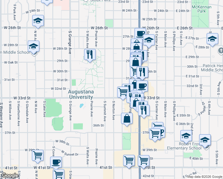 map of restaurants, bars, coffee shops, grocery stores, and more near 2420 South Norton Avenue in Sioux Falls