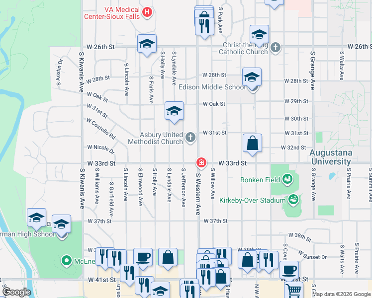 map of restaurants, bars, coffee shops, grocery stores, and more near 2521 South Western Avenue in Sioux Falls