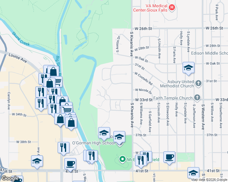 map of restaurants, bars, coffee shops, grocery stores, and more near 2904 West 33rd Street in Sioux Falls
