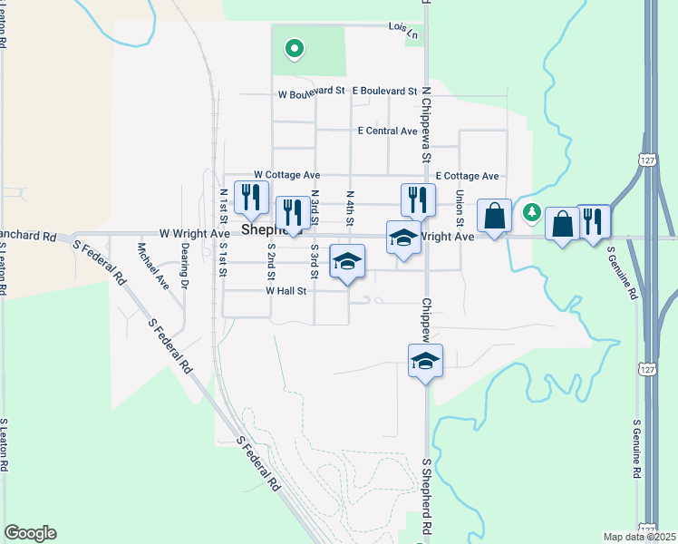 map of restaurants, bars, coffee shops, grocery stores, and more near 100-198 W Hall St in Shepherd