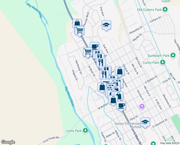 map of restaurants, bars, coffee shops, grocery stores, and more near 415 North River Street in Hailey