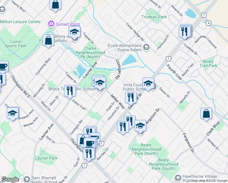 map of restaurants, bars, coffee shops, grocery stores, and more near 556 Sanderson Crescent in Milton
