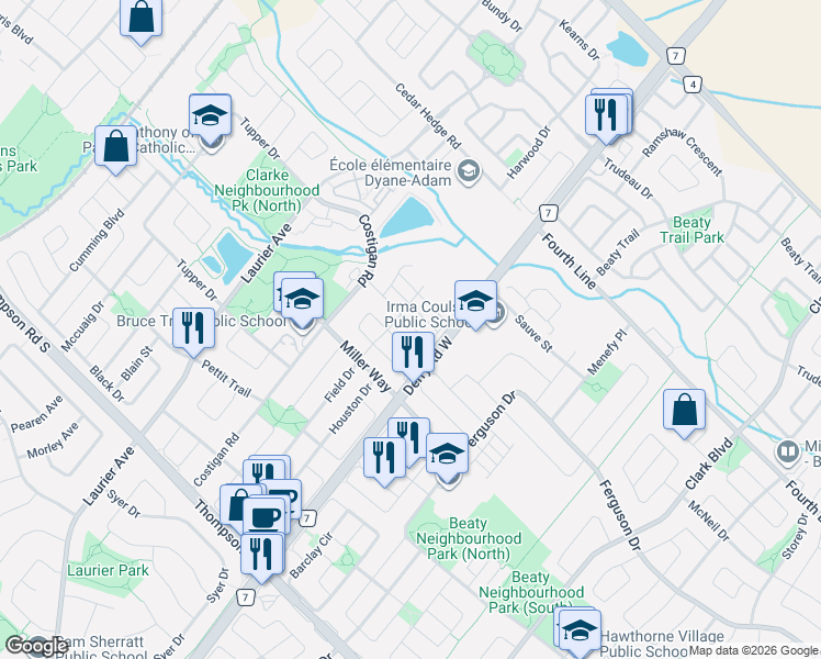 map of restaurants, bars, coffee shops, grocery stores, and more near 566 Laking Terrace in Milton