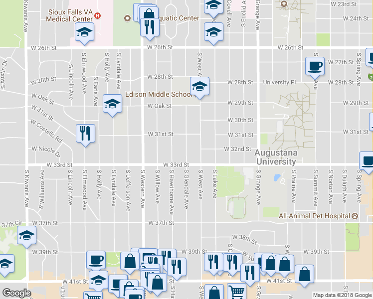 map of restaurants, bars, coffee shops, grocery stores, and more near 2500 South Glendale Avenue in Sioux Falls