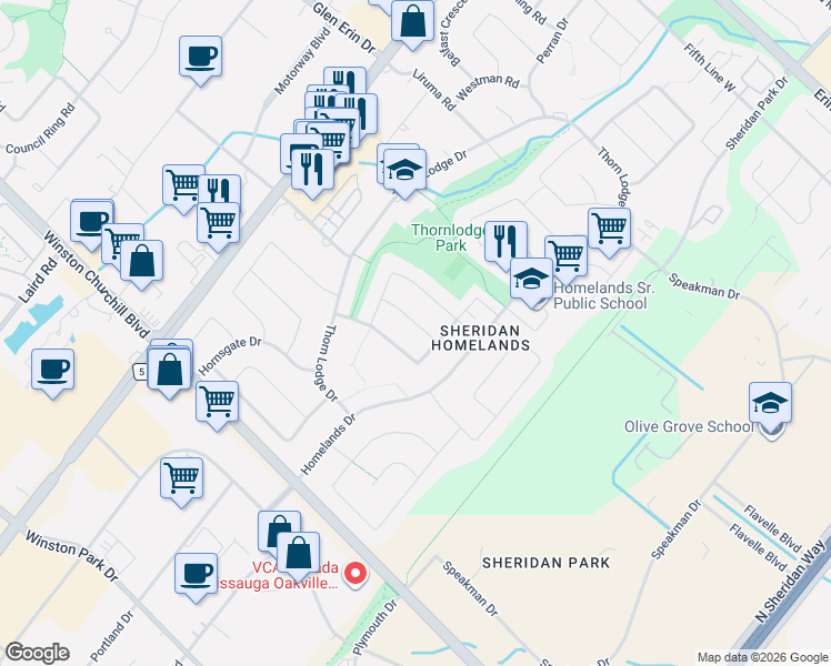 map of restaurants, bars, coffee shops, grocery stores, and more near 2488 Frankfield Road in Mississauga