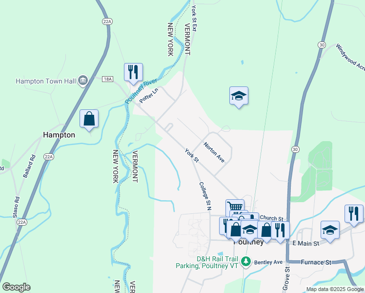 map of restaurants, bars, coffee shops, grocery stores, and more near 110 York St in Poultney