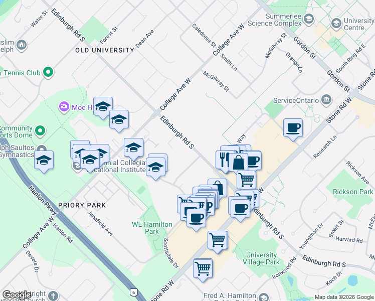 map of restaurants, bars, coffee shops, grocery stores, and more near 383 Edinburgh Road South in Guelph