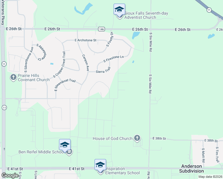 map of restaurants, bars, coffee shops, grocery stores, and more near 1904 South Firefly Drive in Sioux Falls
