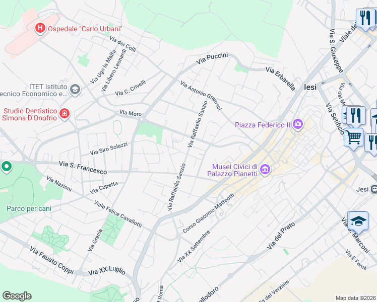 map of restaurants, bars, coffee shops, grocery stores, and more near 381 Via Raffaello Sanzio in Jesi