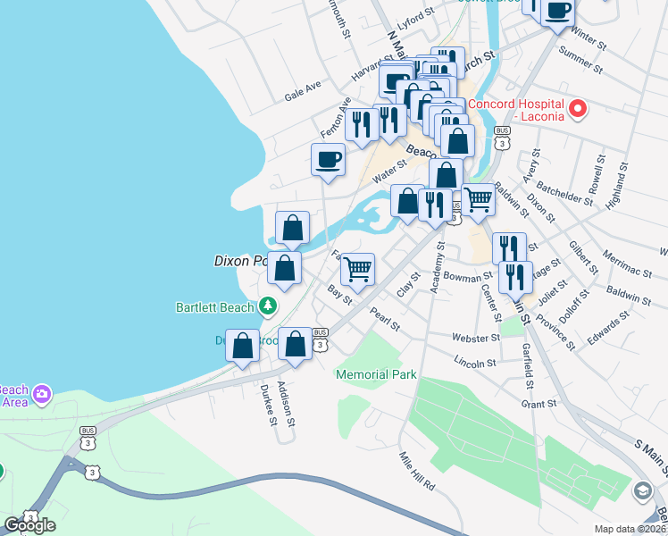 map of restaurants, bars, coffee shops, grocery stores, and more near 18 Charles Street in Laconia